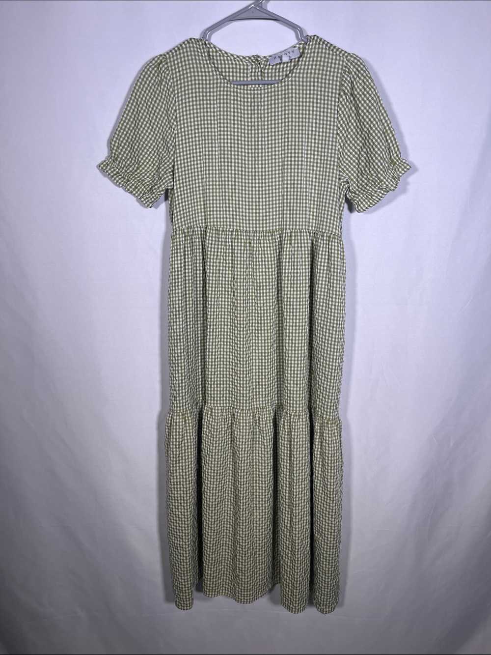 HAYDEN LOS ANGELES WOMENS GINGHAM GREEN WHITE TIERED MIDI DRESS SMALL